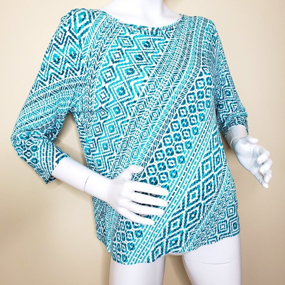 Ruby Red Women's Teal 3/4 Sleeve Jeweled Neckline Printed Top SZ PXL - Picture 3 of 8